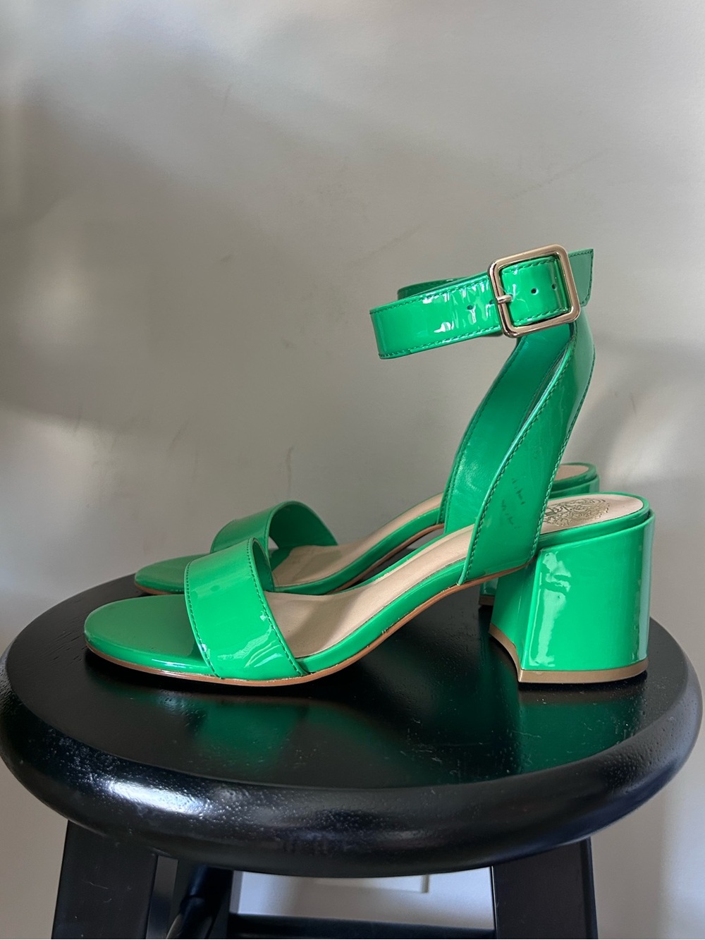Green Patent Block Heel Sandals with Ankle Strap